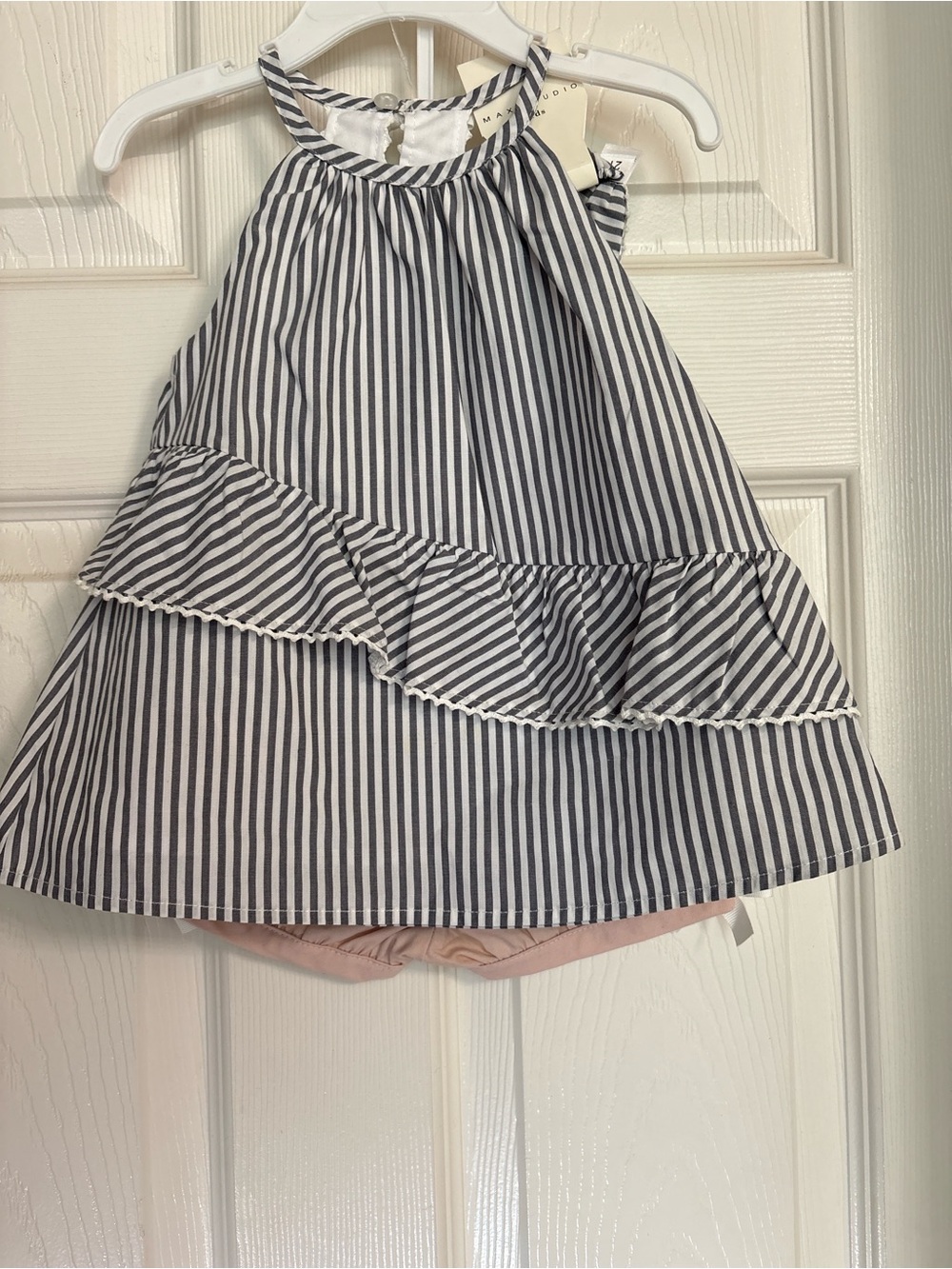 Max Studio Navy and White Striped A-Line Ruffle Dress